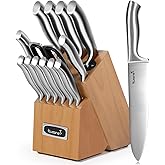 Kuisine Premium Sharp Knife Set,High Carbon Stainless Steel Sharper Blade Ergonomic Non-slip Handle,Kitchen Block Knife Set Chef Knife Block Set with Built-in Sharpener(Acacia, 15PCS)