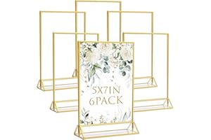 SHANDERBAR 6 Pack 5x7 Acrylic Sign Holder with Gold Borders, Double Sided Gold Picture Frames Clear Display Stands for Table Numbers, Menus, Photos, Weddings, Parties, Restaurants & More