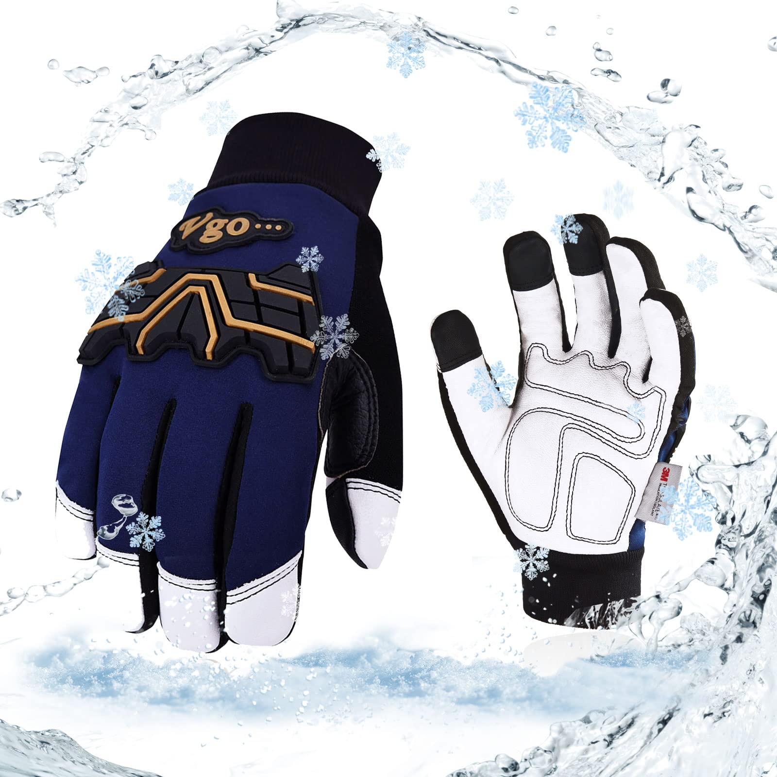 Vgo... Winter Work Gloves Waterproof Touchscreen, 3M Thinsulate C40 Thermal Heavy Duty Gloves Goatskin Leather Anti-Impact in Cold Weather, 1 pair