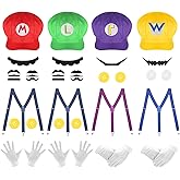 VZZNN 4Pcs Super Bros Hats Accessories Set Mary Luigy Caps, Mustaches, Suspenders, Gloves Buttons Halloween Cosplay Costume 2025 (Red+Green+Purple+Yellow)