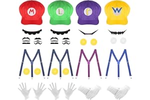 VZZNN 4Pcs Super Bros Hats Accessories Set Mary Luigy Caps, Mustaches, Suspenders, Gloves Buttons Halloween Cosplay Costume 2025 (Red+Green+Purple+Yellow)