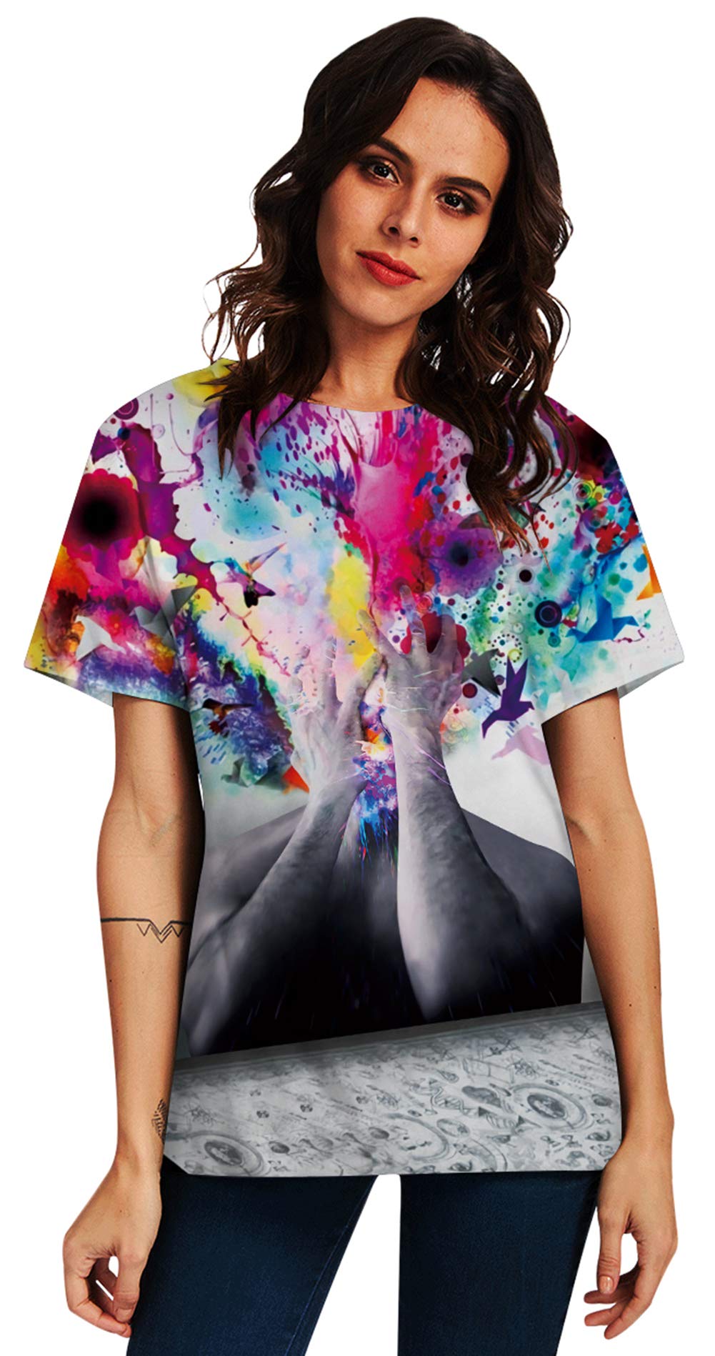 Creative Thinker T-shirts for Men Women Digital Realistic Print Colorful Graffiti Paint Graphic Tees Loose Fit Crewneck Summer Novelty Casual Short Sleeve Tops Retro Sportstyle Loose Fit Undershirts M