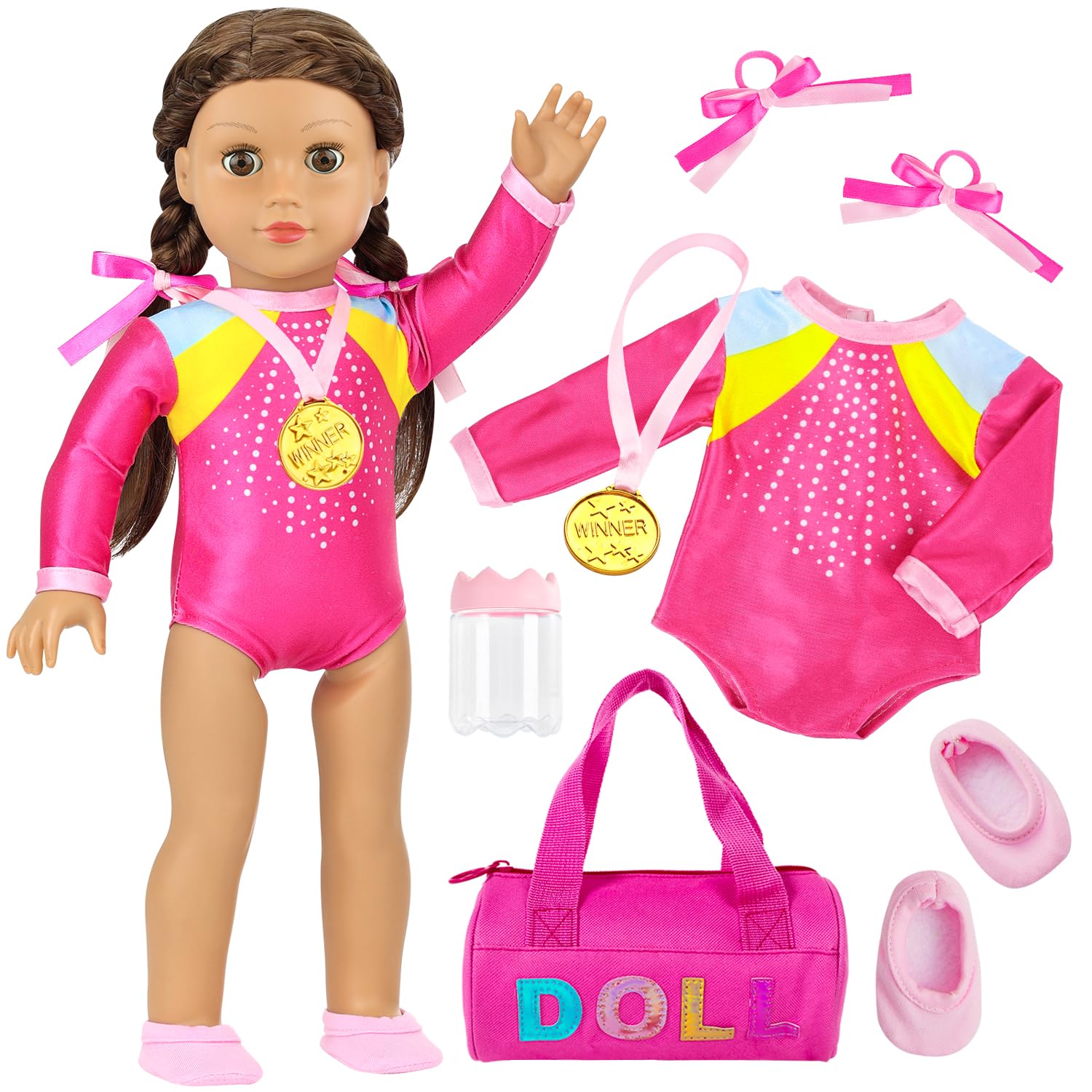 K.T. Fancy 18 Inch Doll Gymnastics Clothes Set - Pink Leotard, Shoes, Gym Bag, Olympic Medal, Water Bottle & Hair Accessories for Play（Doll Not Included）