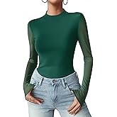 Zeagoo Womens Floral Mesh Long Sleeve Tops See Through Going Out Blouses Mock Neck Sheer Party Outfits Shirts S-XXL