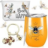 Sieral 3 Pcs Bee Themed Gifts for Women Bee Lovers Gift Set 12 oz Stainless Steel Wine Tumbler with Lid Cosmetic Bag Keychain for Birthday Animal Lovers Teachers Employee Graduation Mom