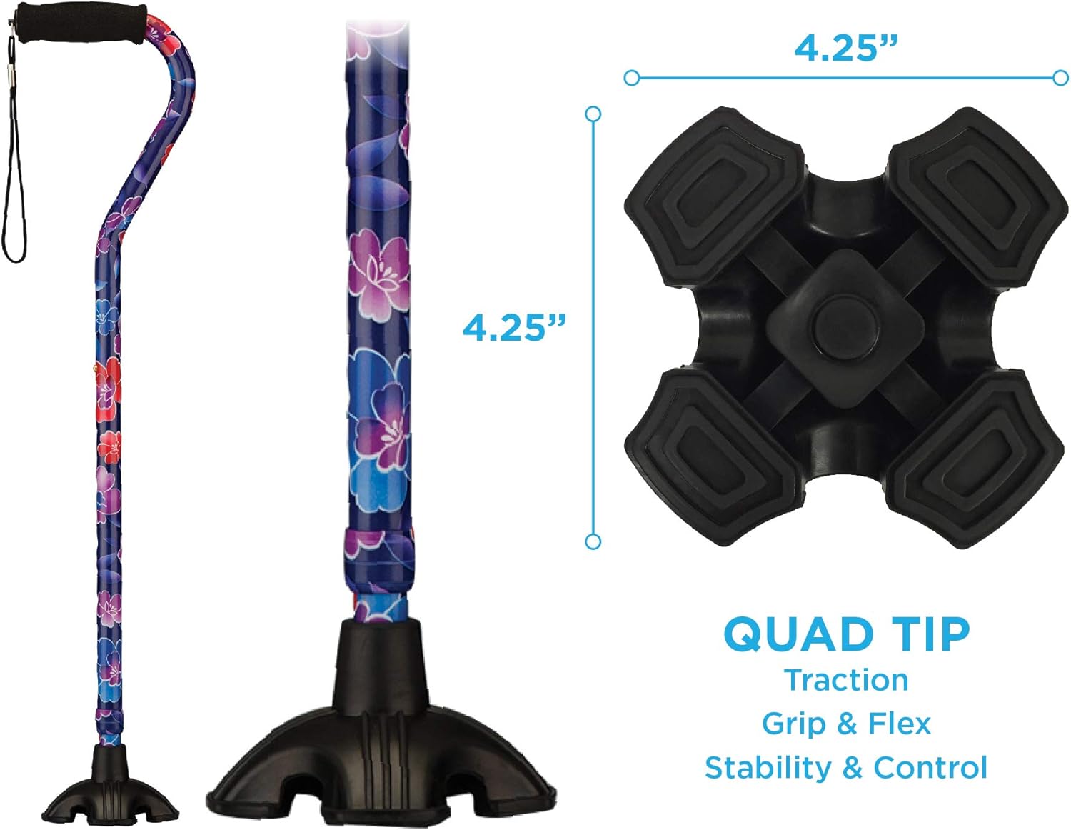 NOVA Sugarcane, Walking Cane with Quad Tip and Carrying Strap, Stand Alone Cane, Maui Flowers Design: Health & Personal Care