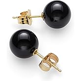 Belacqua Round Natural Black Onyx, Green Jade, Blue Aquamarine or Pink Rose Quartz Stud Earrings in 14K Yellow Gold, Gemstone Size - 6mm to 10 mm, Gift Box Included, Jewelry for Women