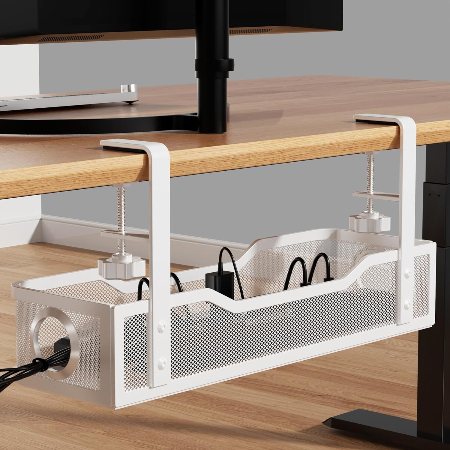 Photo 1 of [Upgraded] Under Desk Cable Management Large, Cinati 16" Cable Management Box for Table Thickness up to 3", Wire Cord Organizer with Clamp No Drill, No Damage to Desk (White)