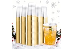 I00000 200 Pack 12 oz Gold Plastic Cups, Clear Disposable Cups, Disposable Plastic Wine Glasses Cocktail Glasses Premium Cups