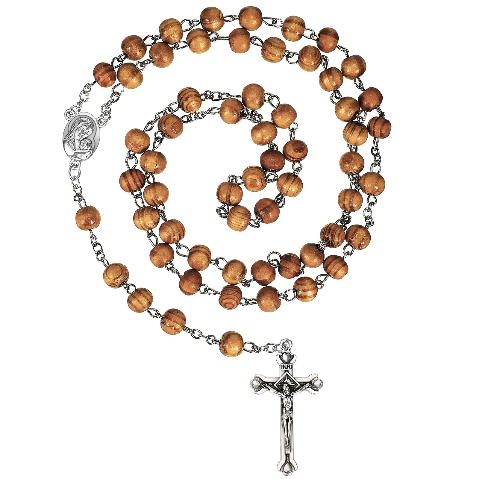 Rosary Olive Wood Beads Necklace Wooden Rosary Beads Christening Gifts Religious Jewellery Catholic Prayer Necklace Holy Religious Prayer Chaplet Chain with Silver Crucifix Medal for Women Men Boys