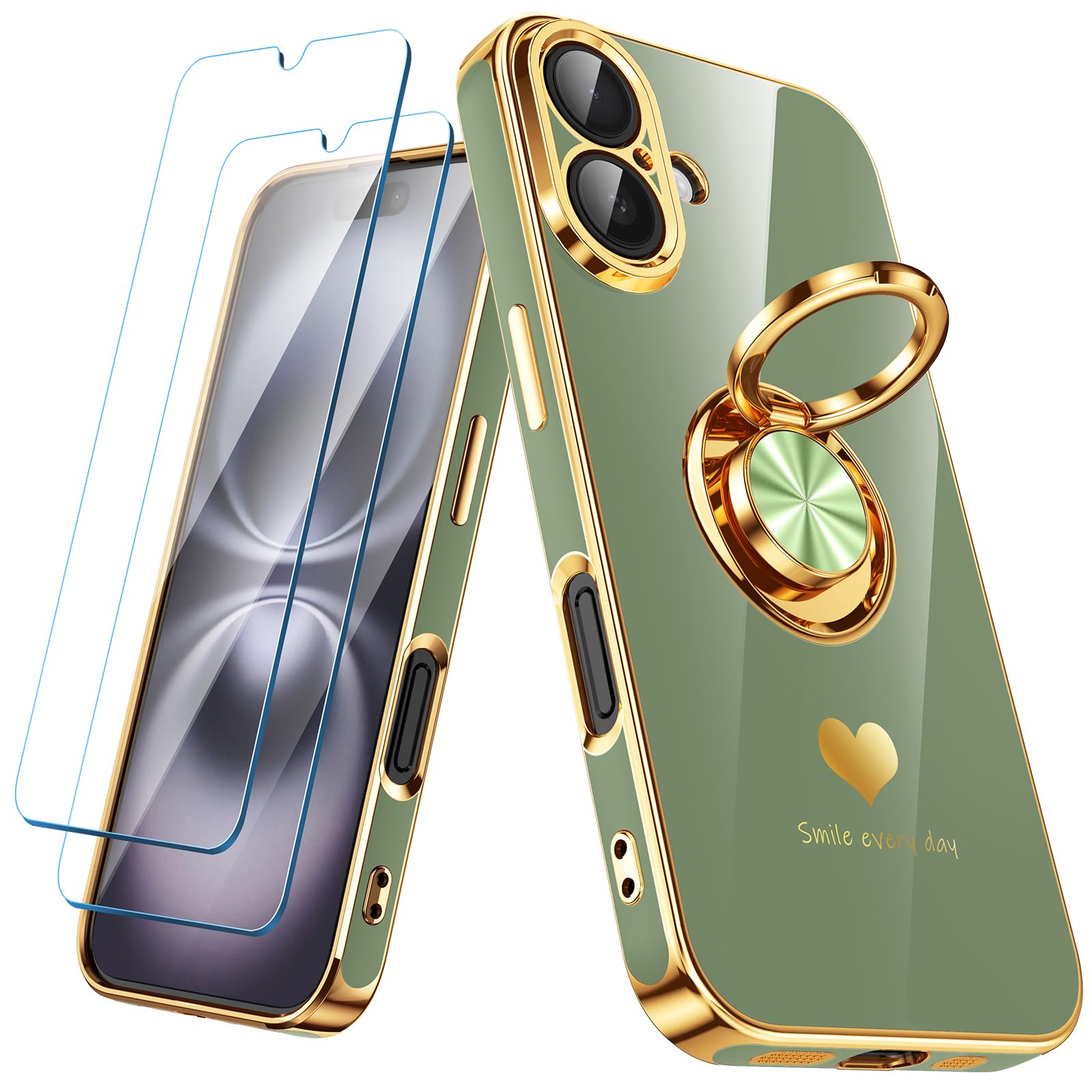 Nonional Compatible for iPhone 16 Case with 2 Pack Screen Protector, 360° Rotatable Ring Holder [Luxury Hearts Pattern] Plating Gold Edge Slim Soft Phone Cover Case for iPhone 16 - Light Green
