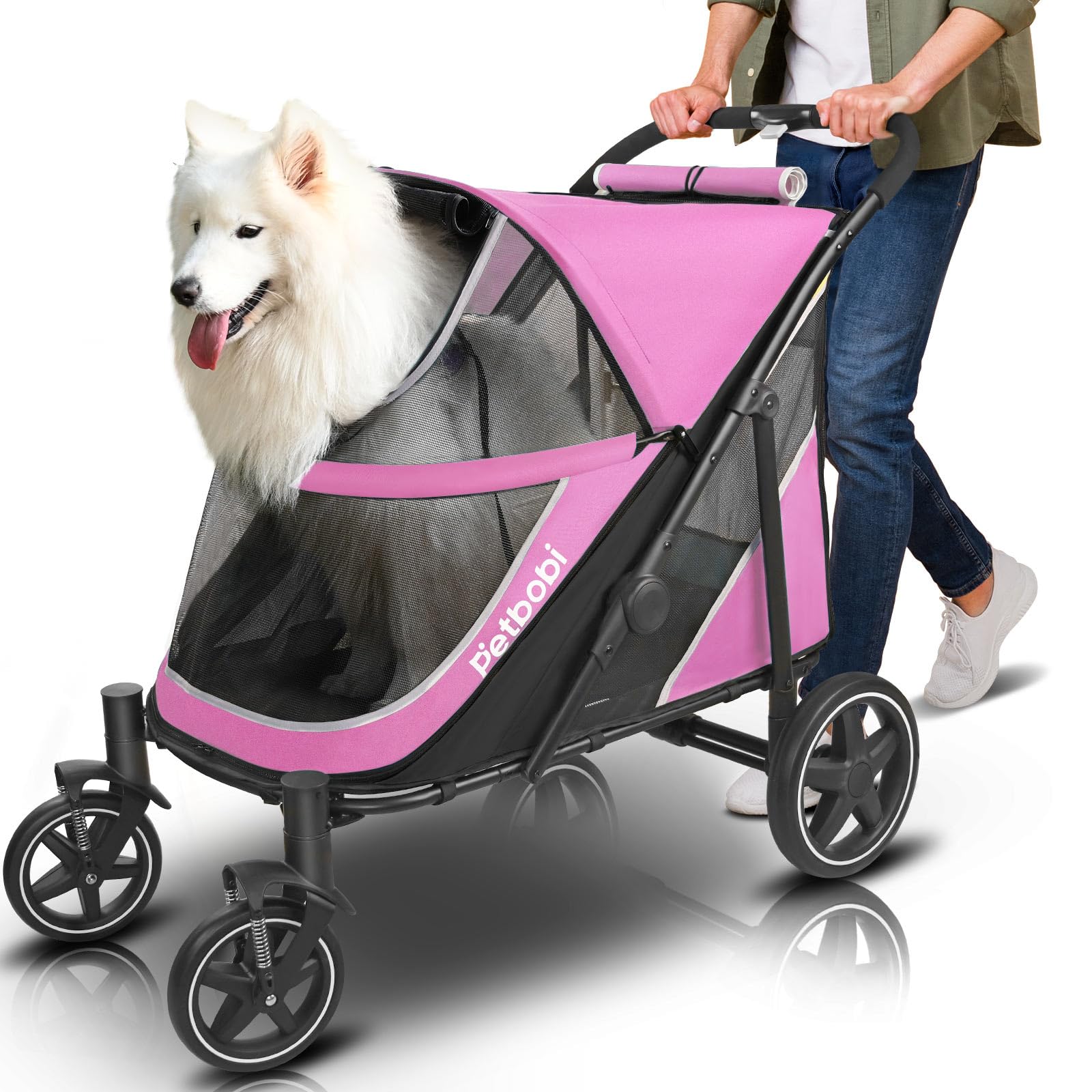 Petbobi Dog Stroller for Large & Medium Dogs - Easy Fold Dual Entry Pet Stroller with One-Foot Brake, All Terrain Wagon Cart with Air Mesh, Ideal for Large Senior Pets up to 80 lbs, Pink Image