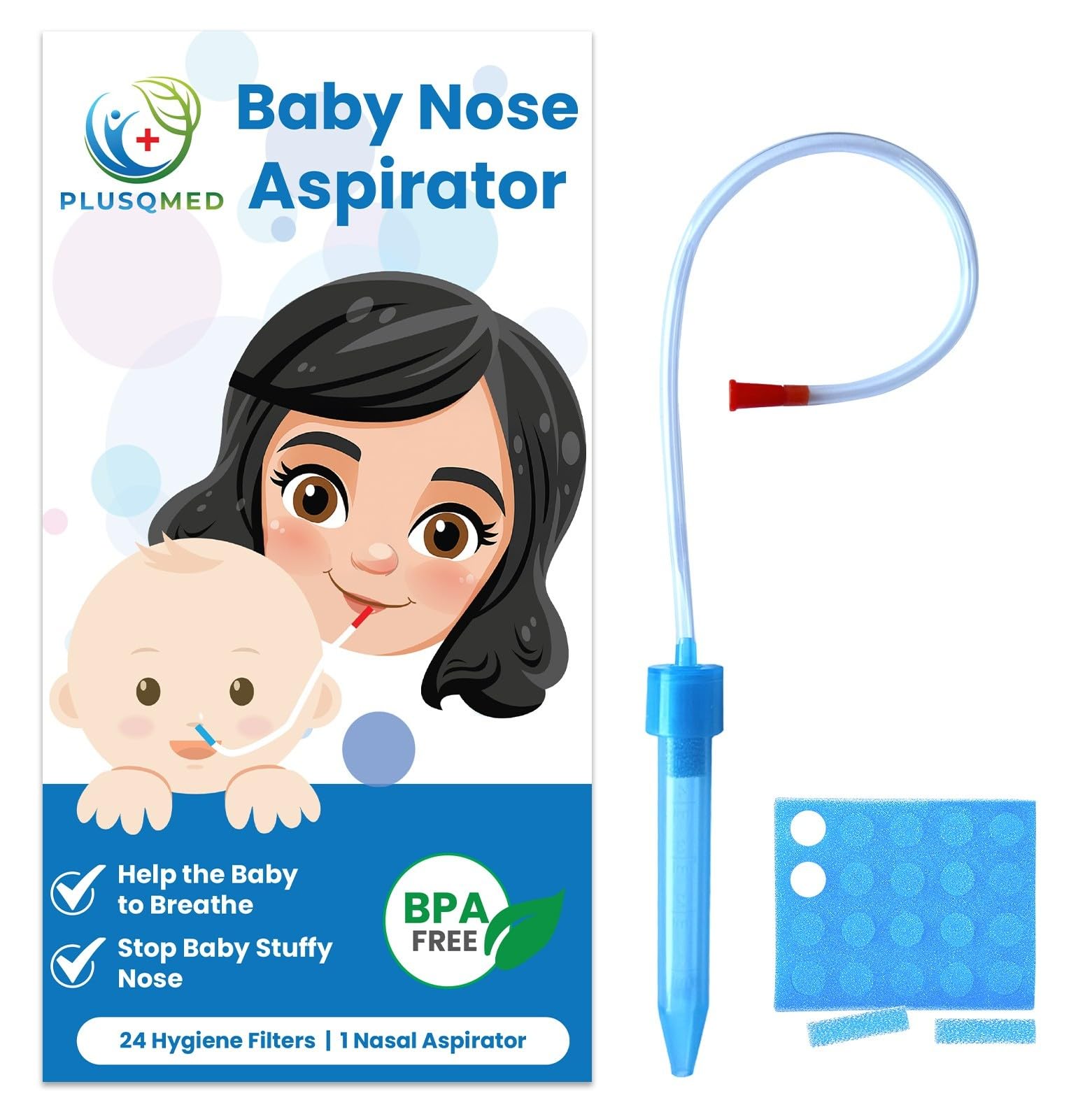 Baby Nasal Aspirator, Mucus Sucker with 24 Hygiene Filters - Safe & Easy to Clean for Newborns, Infants, Kids - Suction Nose Cleaner, Nose Sucker, Nasal Suction, Mucus Remover,PLUSQMED