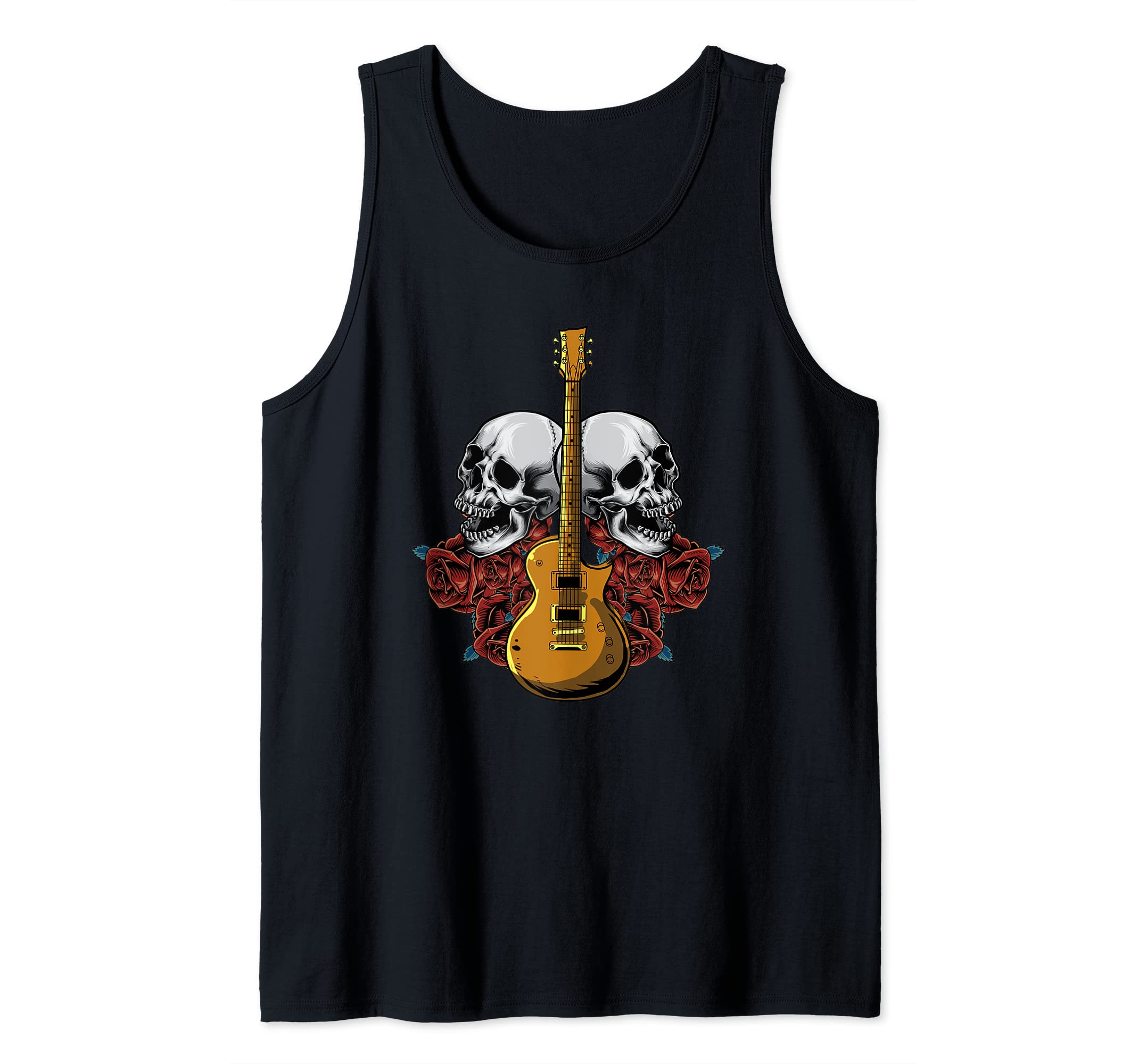 Electric Guitar Skull Red Roses - E-Guitar Rock Guitarist Tank Top