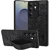 OOK Compatible with Samsung Galaxy S25 Ultra Flower Case with Wrist Strap, Black Flowers Floral Silicone Shockproof Protection Slim TPU Cover with Camera Protective for Women Girls