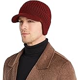 AkiiGer Men's Winter Hat with Brim, Warm Earflaps Hat for Men, Thick Fleece Lined Knit Winter Beanie Outdoor