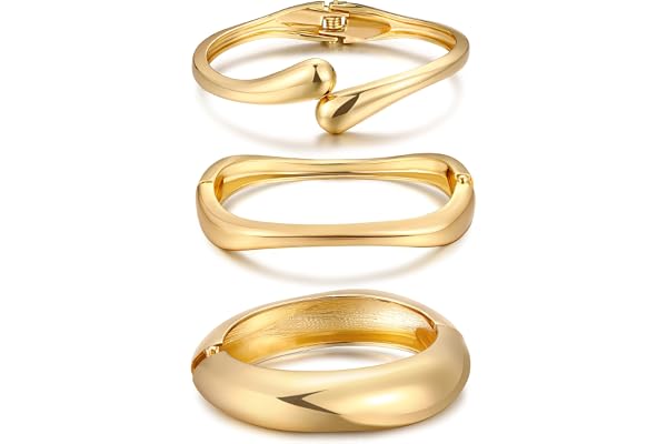 Chunky Gold Bangle Bracelets for Women, Dainty 14k Gold Plated Big Stackable Bangles Set, Trendy Cuff Bracelet Stack Fashion