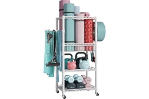 FUTASSI S1 Home Gym Storage, 3-Tier Workout Equipment Organizer with Wheels for Yoga Mats, Foam Roller, Dumbbells, Kettlebells, and Resistance Bands, 47.4" H x 27.5" W x 11.8" D, White