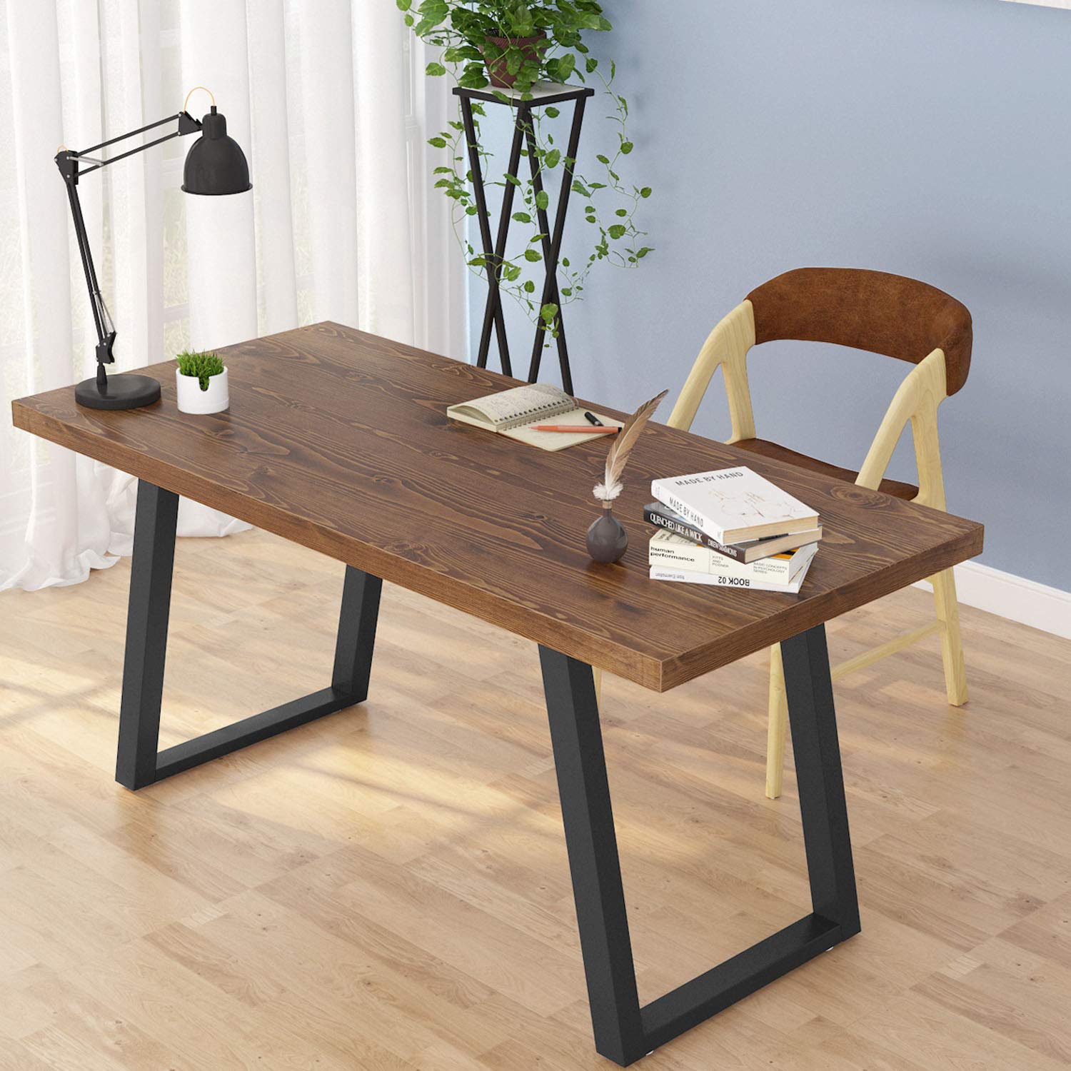 Little Tree 55 Rustic Computer Desk Solid Wood Industrial Desk With Heavy Duty Slanted Metal Base Simple Retro Style Office Desk Workstation For Home Office Vintage Brown Amazon In Home Kitchen