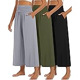 Huukeay 3 Pack Wide Leg Pants for Women, Lounge Yoga Pants High Waist Loose Casual Trouser Cropped Palazzo Capri with Pockets
