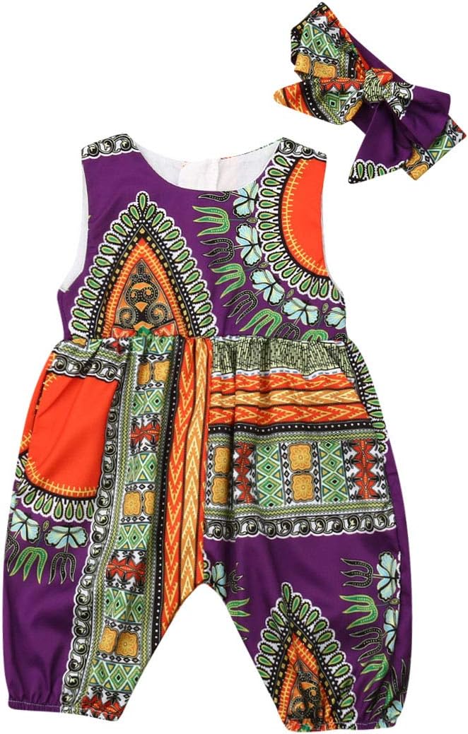 Baby Girls African Dashiki Print One-Piece Rompers Jumpsuit Headband Toddler Outfit