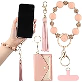Locmeo Silicone Beaded Cell Phone Wrist Strap, Silicone Key Ring Bracelet with Tether Tab Tassel, Pink Elastic Wristlet for Phone, Wristlet Bracelet Keychain for Women Wallet Credit Card Key Holder