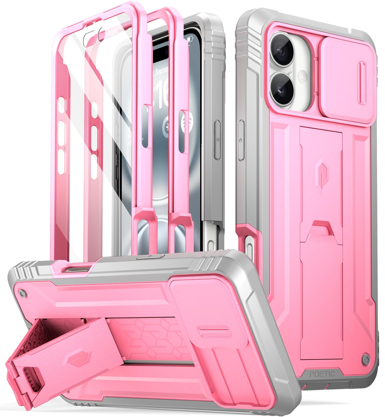Poetic Revolution Case for iPhone 16 Plus 6.7 inch, [Slide Camera Cover], Full-Body Military Grade Rugged Shockproof Cover with Kickstand and Built-in-Screen Protector, Pink
