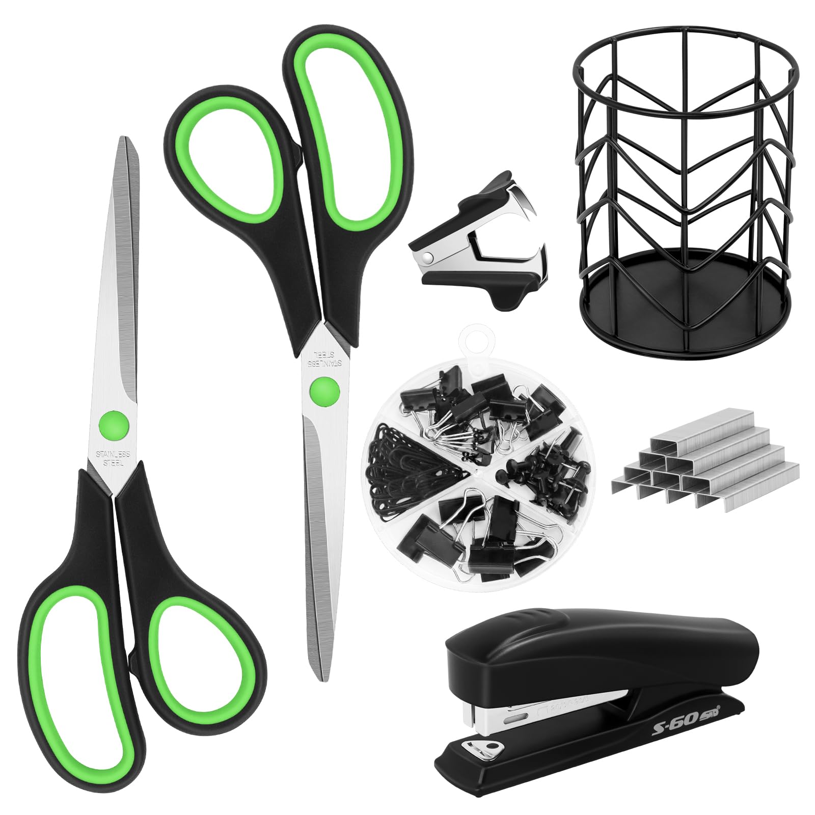 Vutyvve Office Supplies Kit, Desk Accessories Set, Products Include Scissors, Stapler, Staples, Staple Remover，Pen Holder, Paper Clips, Push Pins, Binder Clips