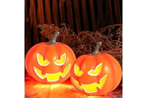 Rocinha 2 Pack Plastic Jack O Lantern Pumpkins Halloween Light up Pumpkin Outdoor Indoor Battery Operated Lighted Pumpkin with Spooky Face Halloween Pumpkins Decorations Party Favor Gifts