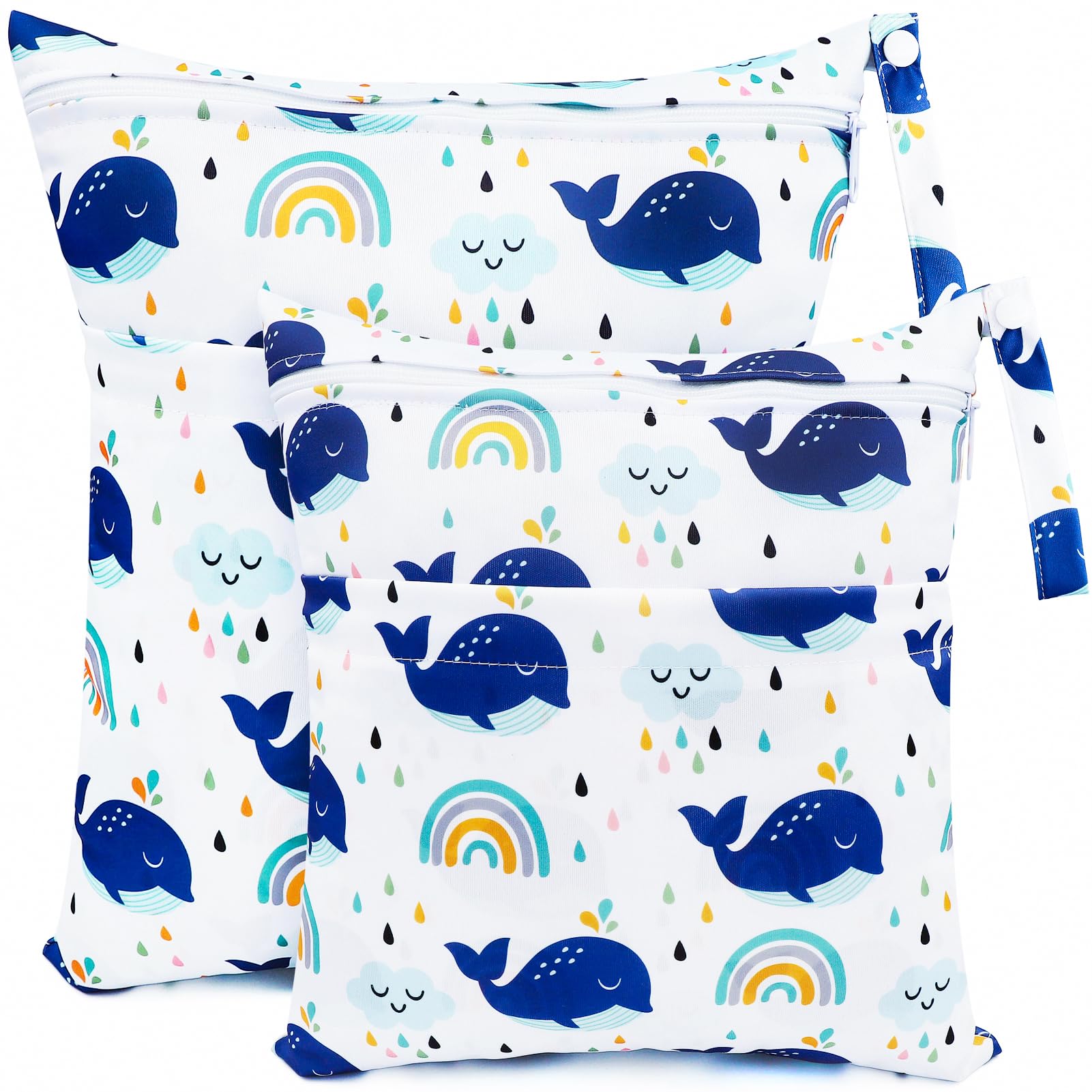 CHEESANHERR Cloth Nappy Bags，2 Pcs Wet Bags, Wet Dry Bags for Cloth Diapers, Changing Bag Storage Bag Organizer with Double Zipper Waterproof Washable Reusable for Daycare Travel Beach (White Whale)
