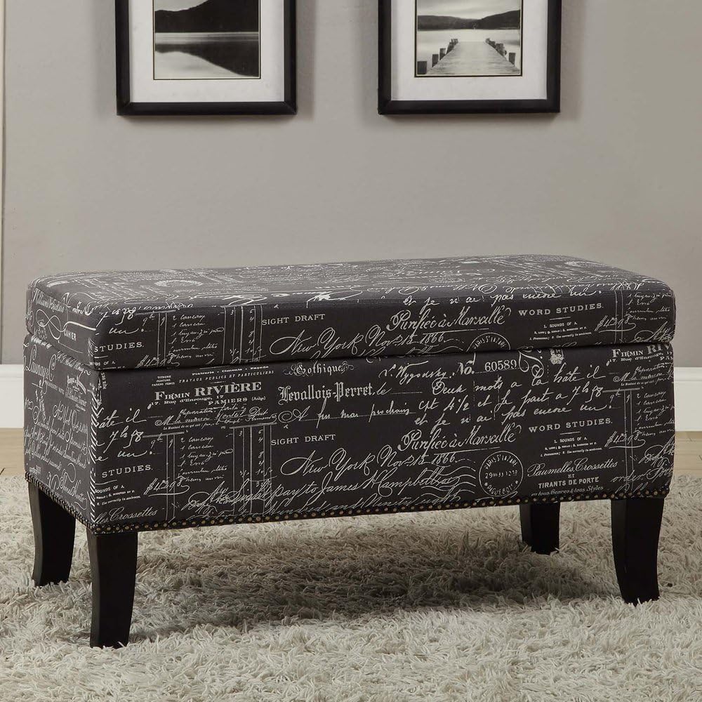 Linon Stephanie Script Linen Ottoman, 32"W x 16"D x 18"H, Gray/Black: Kitchen & Dining