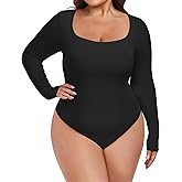 FOREYOND Plus Size Bodysuits for Women Long Sleeve Scoop Neck Bodysuit Sexy One Piece Body Suit Tops