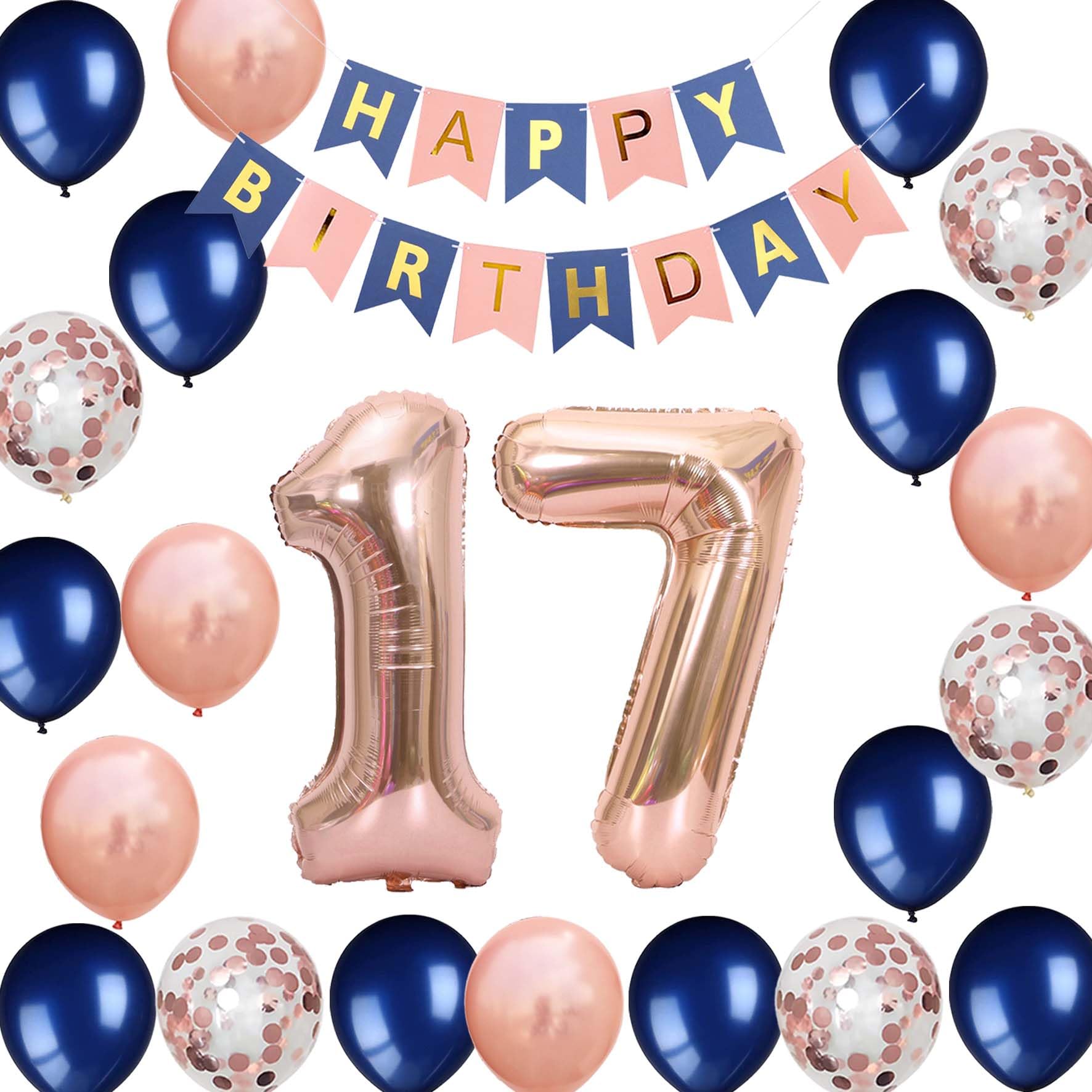 Photo 1 of 17th Birthday Party Decorations Navy Blue Rose Gold for Girls Boys, Birthday Banner Number 17 Foil Balloons Latex Confetti Balloon for Her Him Daughter Son 17 Years Old Birthday Supplies(17th)