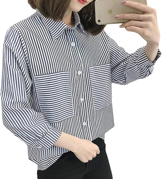 Amazon Yunhen ブラウス レディース 7分袖 ストライプシャツ ポロネック ストライプ ブラウス ゆったり 韓国 トップス おしゃれ 襟付き シャツ カジュアル 通勤 シャツ ブラウス 通販