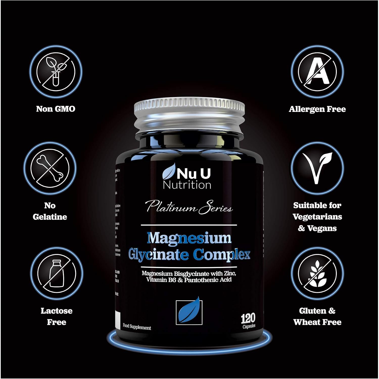 Magnesium Glycinate Complex with Vitamin B6, Zinc & Pantothenic Acid, 120 Vegan Capsules - Image 5