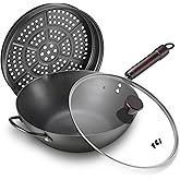 Wok, 13 Inch carbon steel wok pan with steamer & stir-fry pans nonstick, Pre-Seasoned 5.8QT Flat Bottom Chinese Woks Paella Pan with lid, Carbon Steel Cookware, Compatible with All Cooktops
