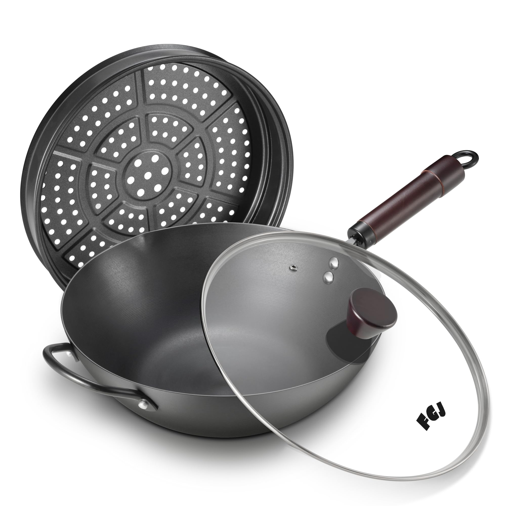 Photo 1 of Wok, 13 Inch carbon steel wok pan with steamer & stir-fry pans nonstick, Pre-Seasoned 5.8QT Flat Bottom Chinese Woks Paella Pan with lid, Carbon Steel Cookware, Compatible with All Cooktops