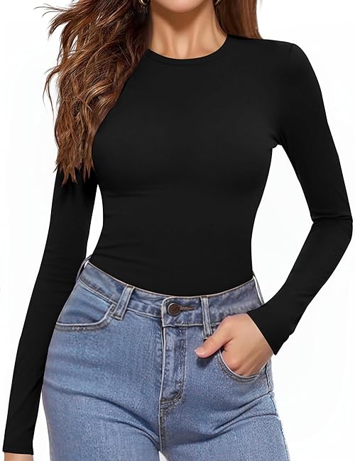 Aottori Women's Crew Neck Long Sleeve Shirts Lightweight Base Layer Underwear Cotton Solid Stretchy Slim Fit Tops Black XS