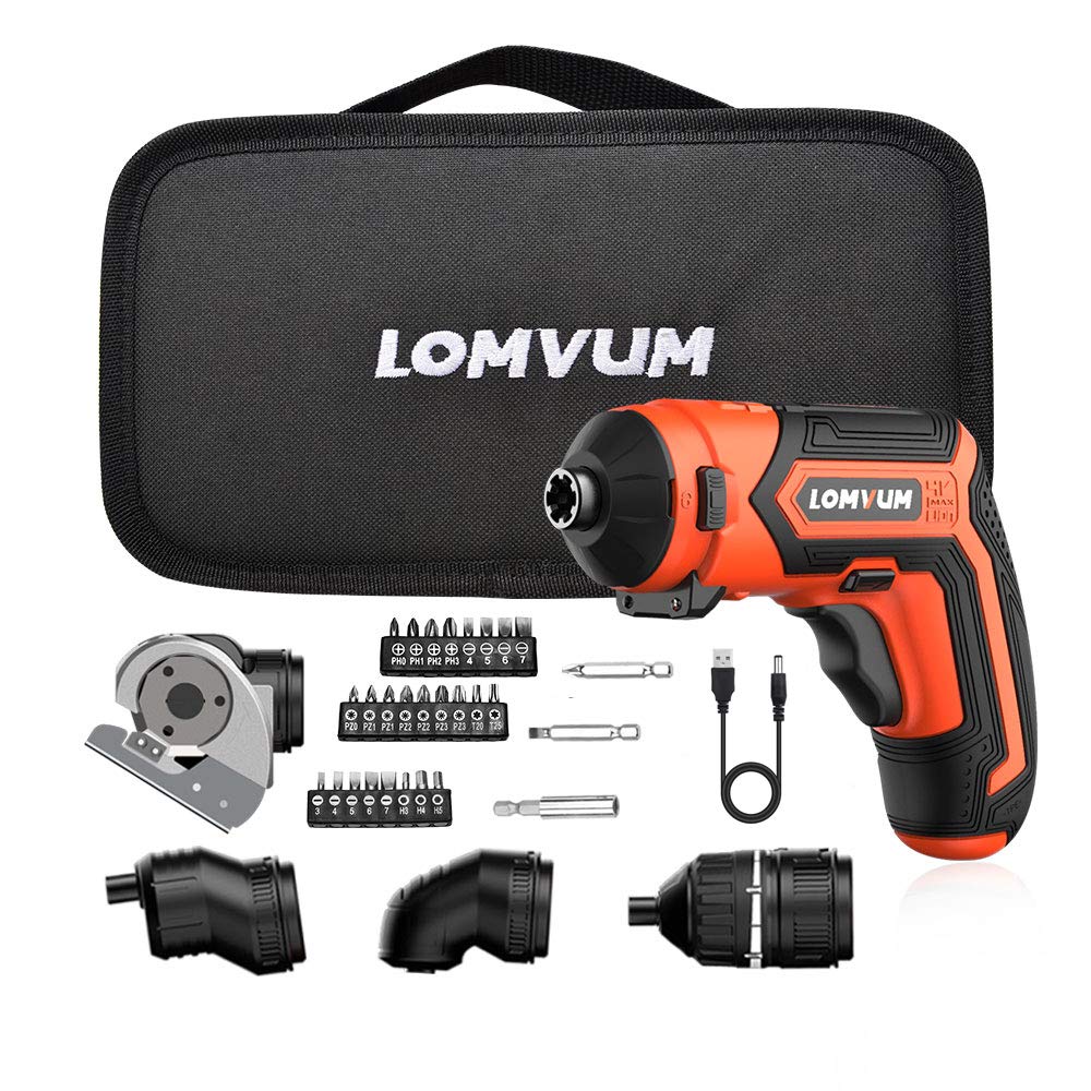 Lomvum 4V Electric Cordless Screwdriver with Built-in 1500mAh Li-ion Battery Rechargeable Screwdriver 5-in-1 Drill/Driver System