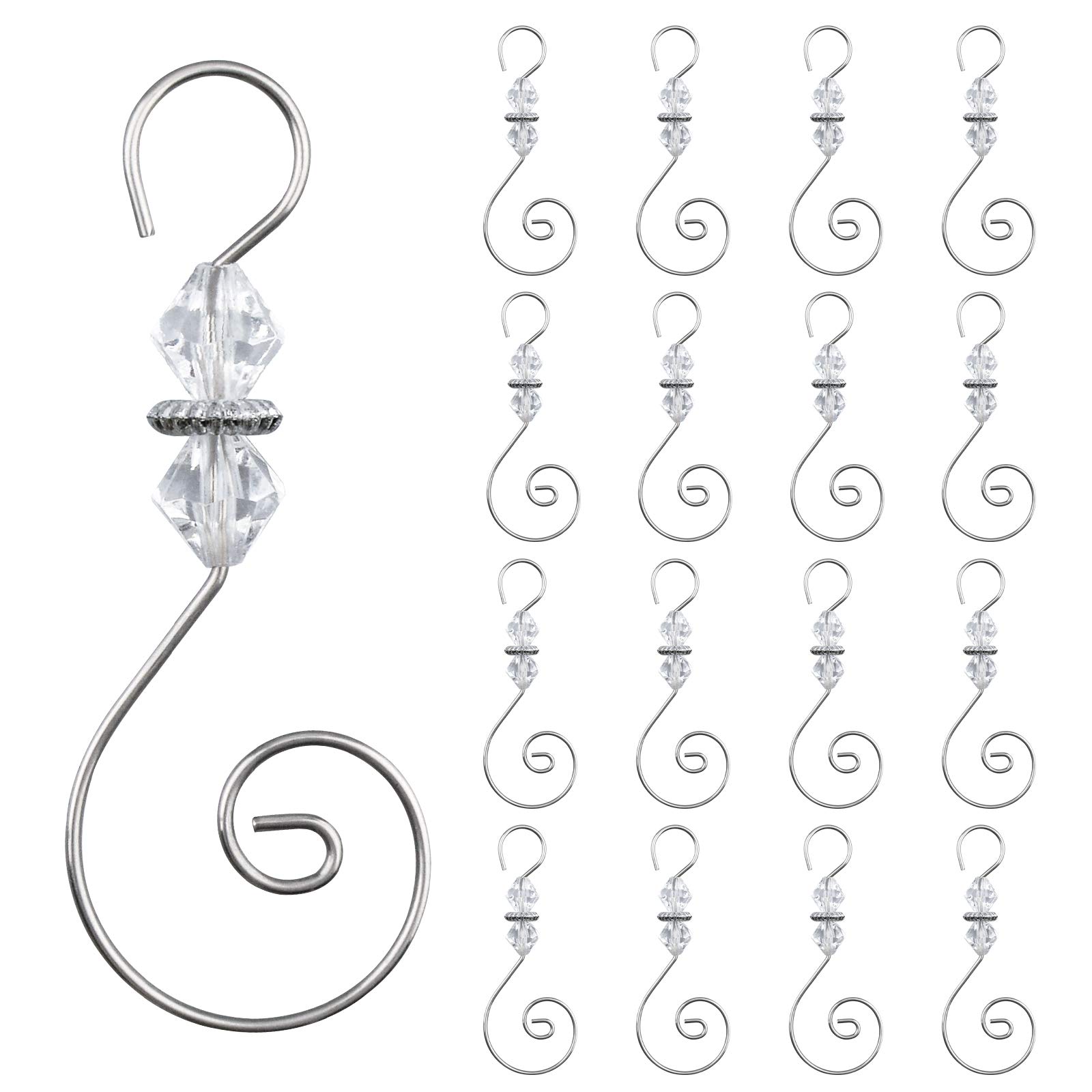 INCREWAY Christmas Ornament Hooks, 30Pcs Christmas Decoration Hanger Hooks S-Shaped Hangers Hook Ornament Metal Hooks with Crystal Round Bead, Silver