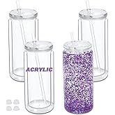 Micellwuu 20 oz Acrylic Snowglobe Tumbler, 4 Pack Double Wall Snow Globe Cups with Pre Drilled Hole, Plastic Mason Jar Cups Can for Snow Globe Glitter DIY (Clear)