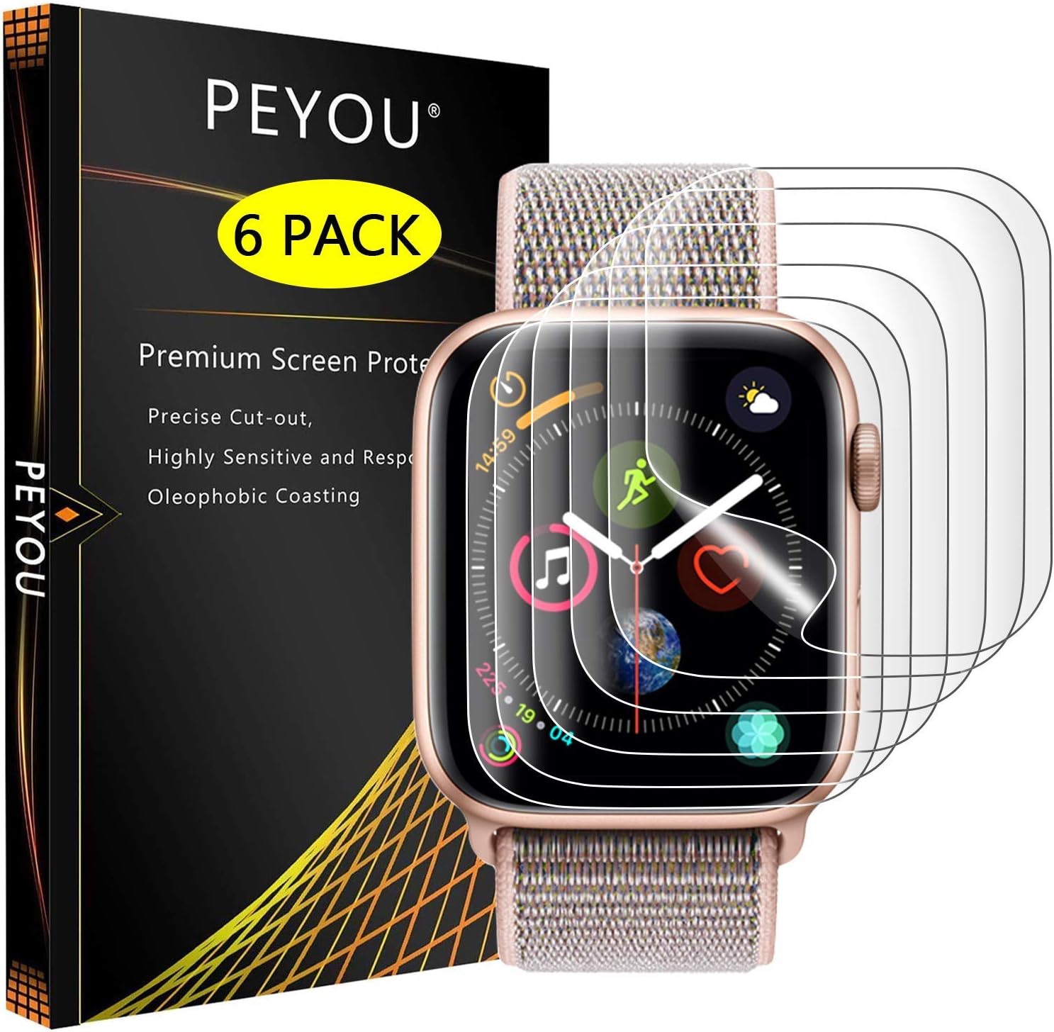 PEYOU Screen Protector for Series 5/4 44mm,Ultra Thin Screen Protector Film for Apple Watch Series 5/4 44mm Series 1/2/3 42mm,6-pack Screen Protector With No Bubble/High Transparency/High Response