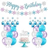 Snowflake Birthday Party Decorations with Happy Birthday Banner, Cake Toppers, Purple, Blue, White Snowflake Balloons for Frozen Party Supplies Winter Wonderland Baby Shower