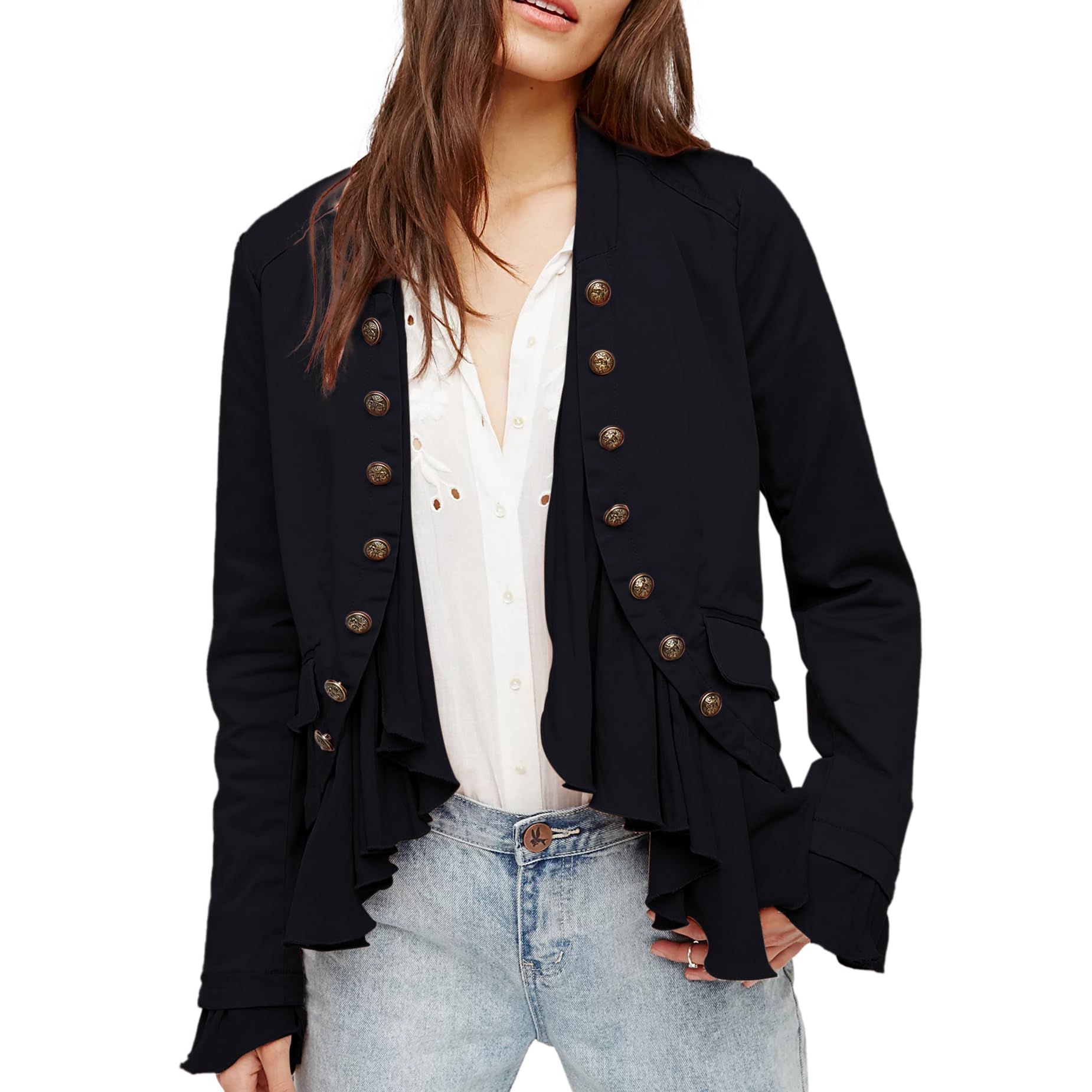 Photo 1 of Yioaga Women Casual Ruffles Jacket High Low Hem Steampunk Blazers Button up Romance Open Front Cotton Cardigan(Black,S)