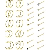 Tornito 20G 38Pcs Stainless Steel L Bone Screw Shaped Nose Studs Nose Rings CZ Hoop Tragus Cartilage Nose Ring Labret Nose Piercing Jewelry for Men Women Rose Gold Tone