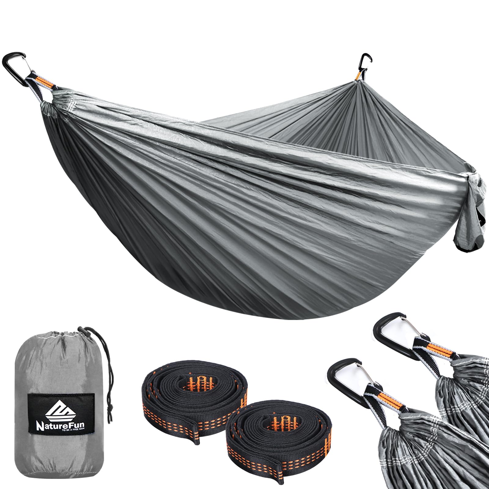 NATUREFUN Ultra-Light Travel Camping Hammock | 300kg Load Capacity,(300 x 200 cm) Breathable,Quick-drying Parachute Nylon | 2 x Premium Carabiners,2 x Nylon Slings Included | For Outdoor Indoor Garden