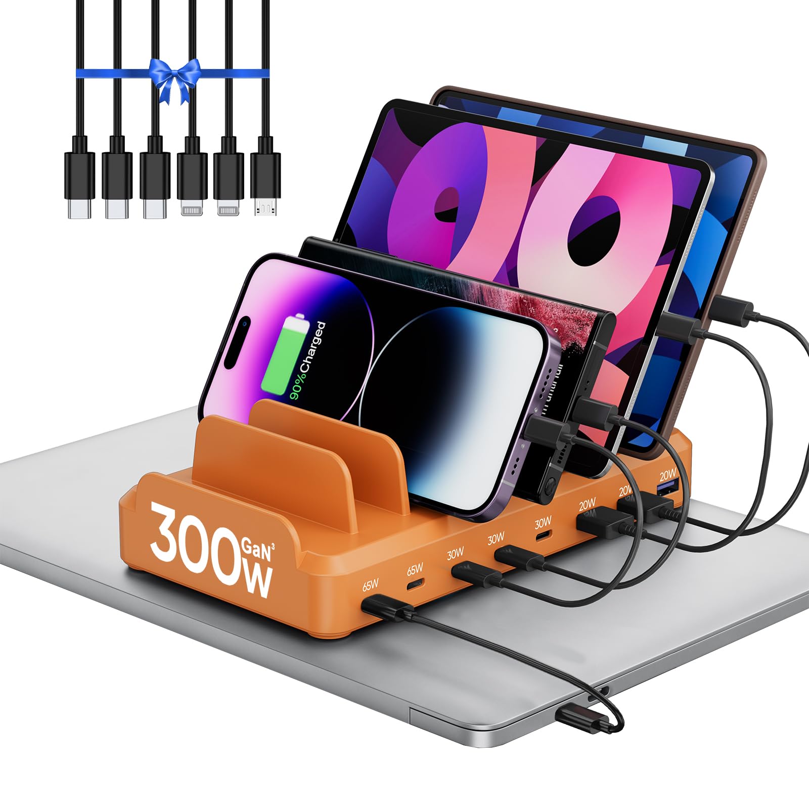 300W Charging Station for Multiple Devices, 8 Port Multi USB C Fast Charger Station Dock for MacBook iPhone 16/15/14/13/12 Samsung Pixel Series iPad, Orange (6 Mixed Short Cables Included) Image