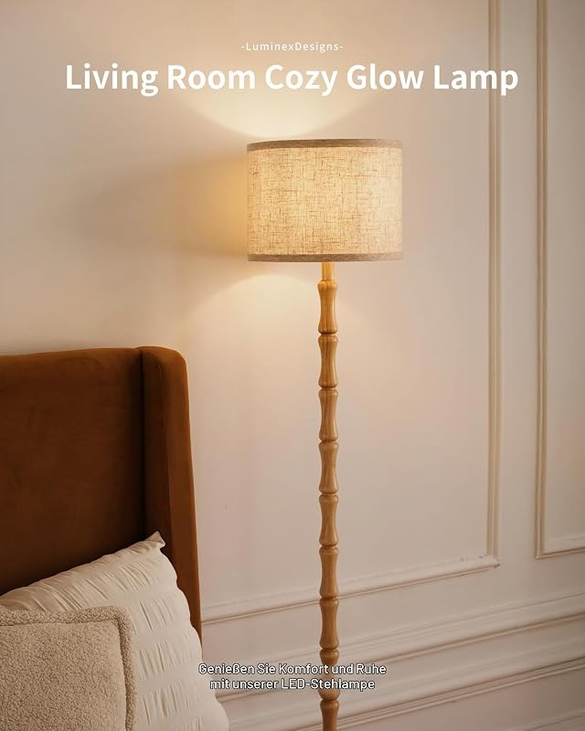 Boho Stehlampe aus Eiche Holz mit Beige Stoffschirm