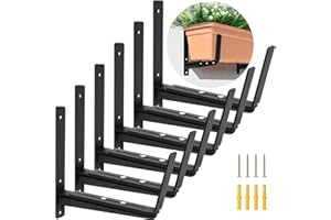 VOXOR Window Planter Box Brackets, Adjustable Heavy Duty Wall Mount Flower Box Holder (5.9 to 11.8 in), with Enhanced Bottom Support - 6 Pack, Black