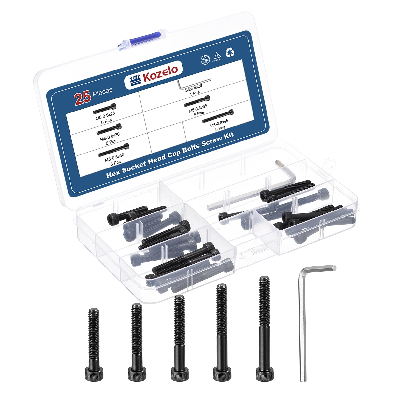 Kozelo 25pcs M5 Socket Head Cap Screws Bolts Nuts Assortment Kit - [M5x25/30/35/40/45mm] Alloy Steel Fully Threaded Black Oxide 12.9 Internal Hex Screw for 3D Printer Use, with Wrench — image 1